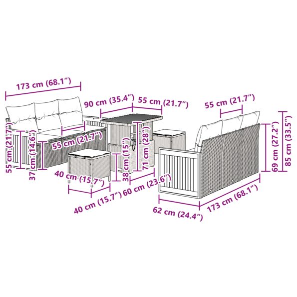 vidaXL 9-dielna záhradná pohovka s vankúšmi Čierny Polyratan Akácia – Obrázok 12