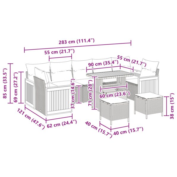 vidaXL 10-dielna záhradná sedačka s vankúšmi béžová poly ratan akácia – Obrázok 12