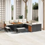 vidaXL 13-dielny záhradný pohovkový set s vankúšmi čierny polyratan akácia