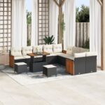 vidaXL 13-dielna súprava záhradného gauča s vankúšmi, čierny poly ratan akácia