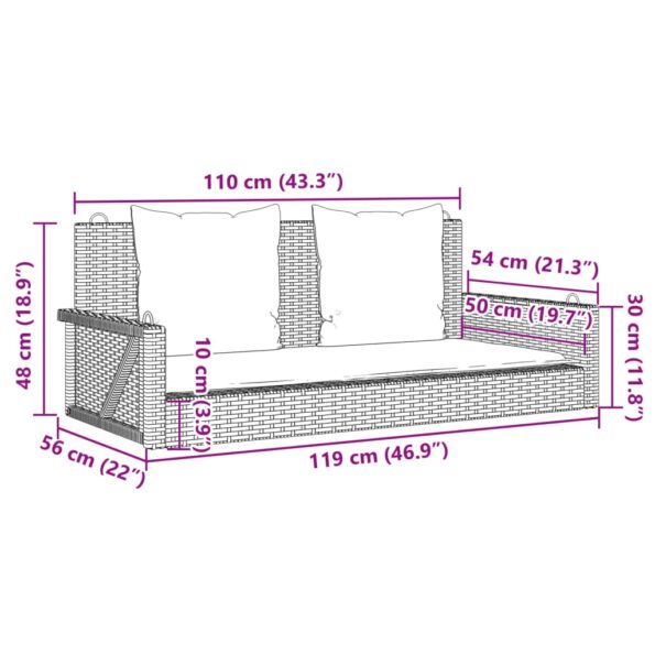 365633_9.jpg vidaXL Hojdacia lavica s vankúšmi, sivá 119x56x48 cm, polyratan – Obrázok 9