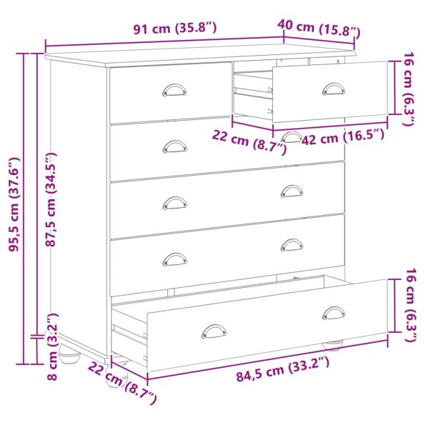 vidaXL Komoda "ASKIM" Biela 91x40x95,5 cm Masívne drevo borovica – Obrázok 11