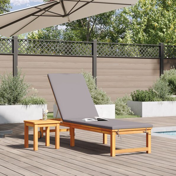 vidaXL Slnečné lehátko so svetlošedými vankúšmi z pevného akáciového dreva – Obrázok 3