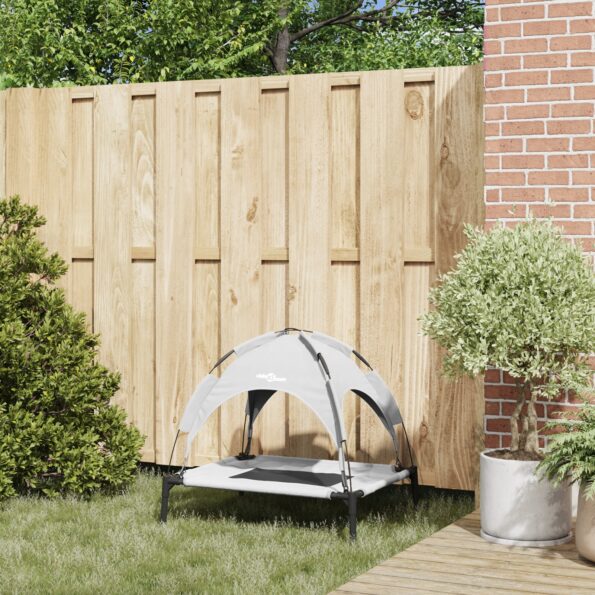 vidaXL Vyvýšená psia posteľ s odnímateľnou strechou Strieborná šedá M Kov – Obrázok 3