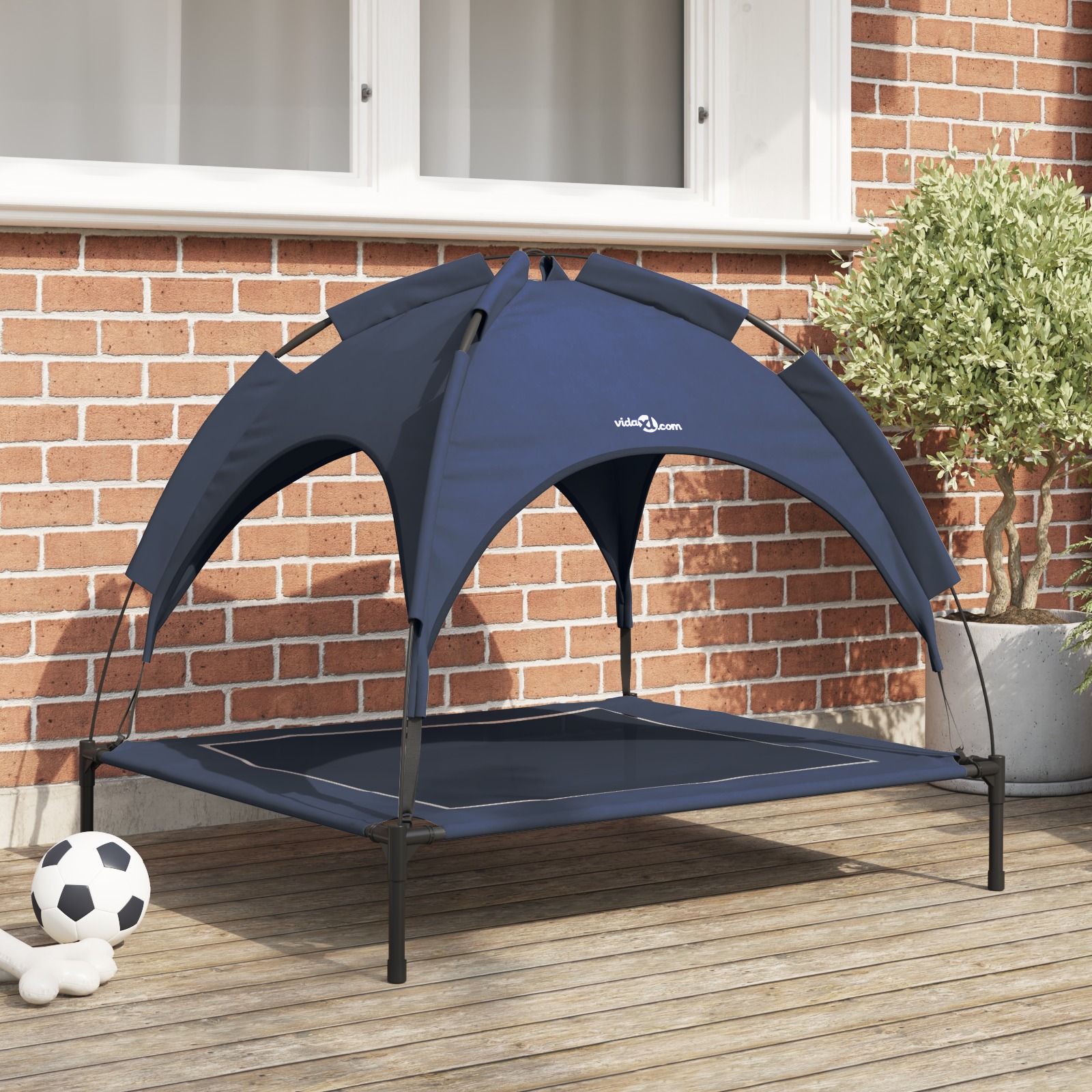 42008199_1.jpg vidaXL Vyvýšená psia posteľ s odnímateľnou strechou Námornícka modrá L Oceľ – Obrázok 1