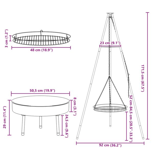 vidaXL Stojan na varenie na ohni s grilovacou mriežkou a ohňovou táckou 170 cm – Obrázok 9