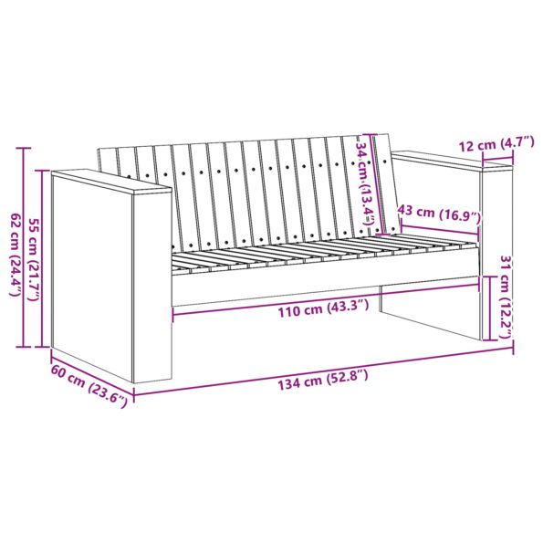 vidaXL Záhradná pohovka 2-miestna 134x60x62 cm Solidné borovicové drevo – Obrázok 8