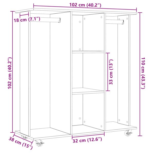 vidaXL Šatník na kolieskach Čierny dub 102x38x110 cm z inžinierskeho dreva – Obrázok 10