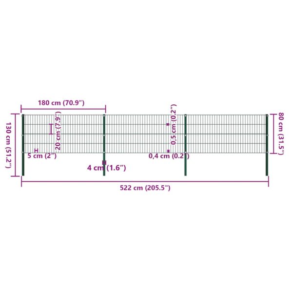 vidaXL Plotový panel so stĺpikmi, železo 5,1x0,8 m, zelený – Obrázok 5