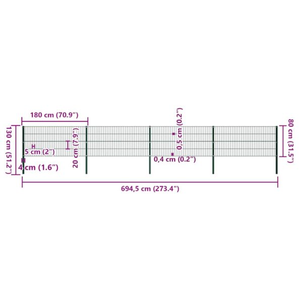 vidaXL Plotový panel so stĺpikmi, železo 6,8x0,8 m, zelený – Obrázok 5