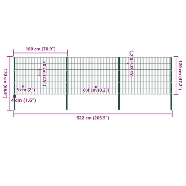 278663_5.jpg vidaXL Plotový panel so stĺpikmi, železo 5,1x1,2 m, zelený – Obrázok 5
