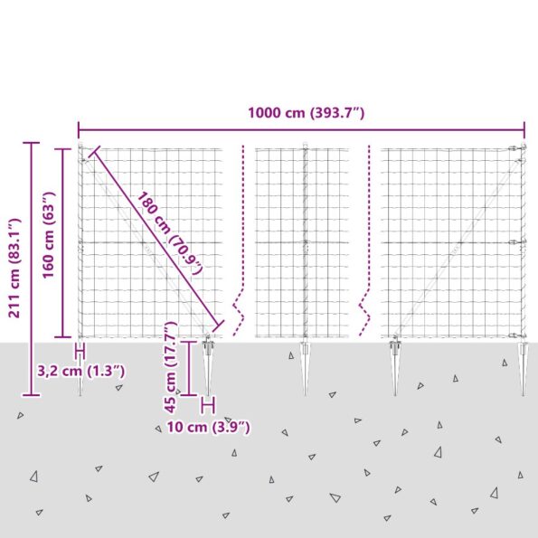vidaXL Euro plot so 7 špičkovými stĺpikmi 1.6x10 m Pozinkovaná oceľ – Obrázok 13
