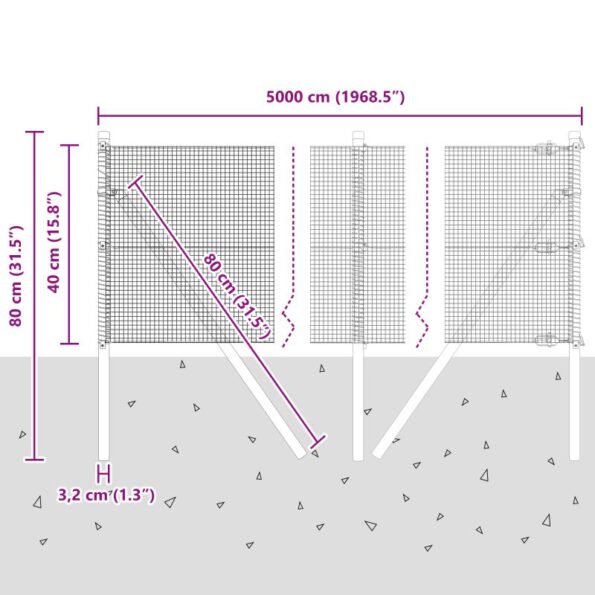 vidaXL Zváraný drôtový plot s 13 stĺpmi Sivý 0.4x50 m Oceľ – Obrázok 12