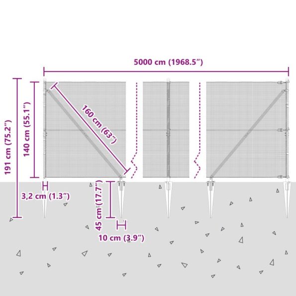 vidaXL Zváraný drôtový plot s 13 kolíkmi 1.4x50 m pozinkovanej ocele – Obrázok 13
