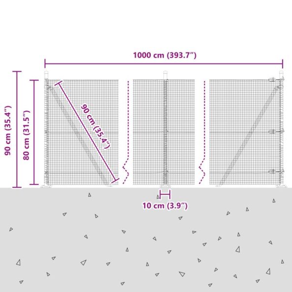 vidaXL Zváraný drôtový plot so 7 podložkovými stĺpmi 0.8x10 m Pozinkovaná oceľ – Obrázok 13