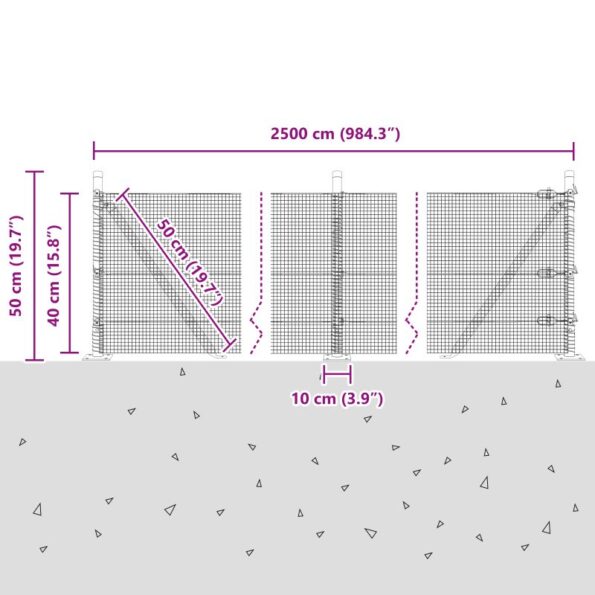 vidaXL zvárané drôtové oplotenie s 13 hranatými stĺpmi Sivé 0.4x25 m Oceľ – Obrázok 13