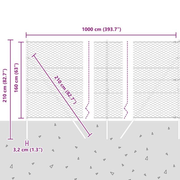 Hexagonové oplotenie vidaXL Sivé 1,6x10 m Oceľ, Posty na oplotenie vidaXL 7 ks Sivé Ø32 mm 210 cm Pozinkovaná oceľ – Obrázok 12
