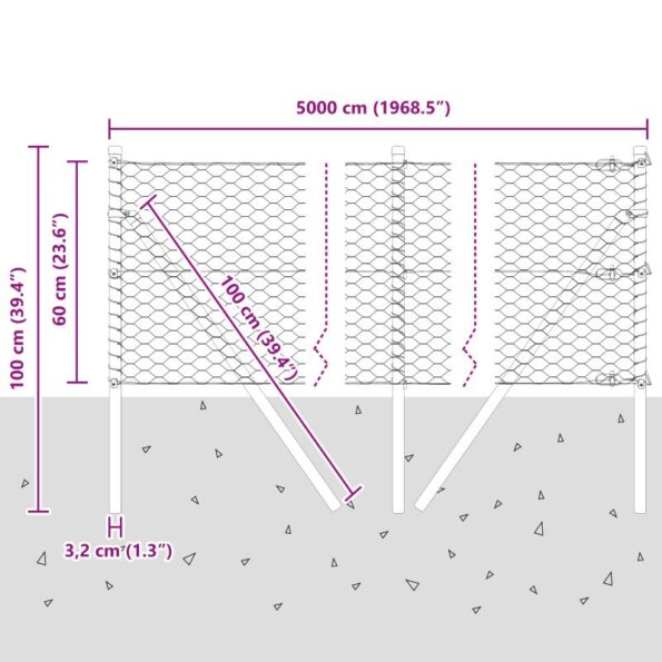 Hexagonálne oplotenie vidaXL Šedé 0.6x50 m Oceľ, Stĺpiky oplotenia vidaXL 13 ks Zelené Ø32 mm 100 cm Galvanizovaná oceľ – Obrázok 12