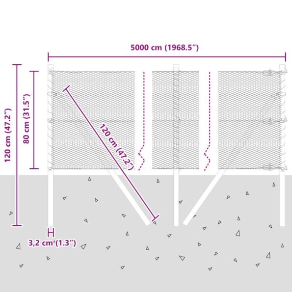 Hexagonálny plot vidaXL Šedý 0.8x50 m Oceľ, Stĺpiky vidaXL 13 ks Zelené Ø32 mm 120 cm Galvanizovaná oceľ – Obrázok 12