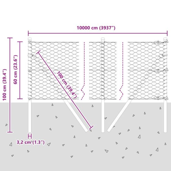 vidaXL Hexagónové oplotenie Sivé 0.6x100 m Základná oceľ – Obrázok 12