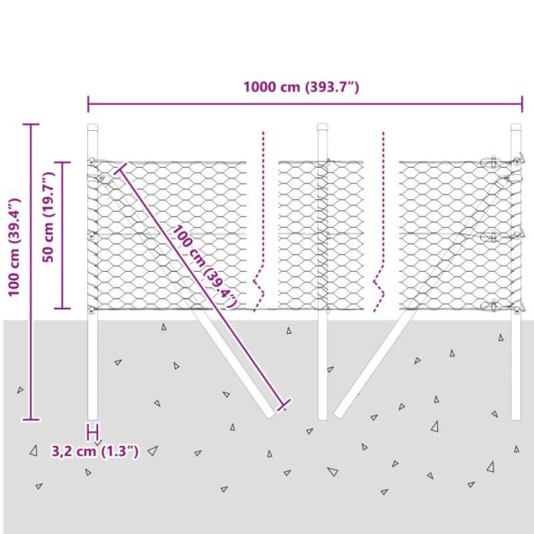 vidaXL Hexagónový plot 0.5x10 m Pozinkovaná oceľ, Stĺpiky vidaXL 7 ks Ø32 mm 100 cm Pozinkovaná oceľ – Obrázok 12