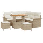 8-dielna sada záhradného pohovky s vankúšmi béžová poly ratan akácia, 2-miestna záhradná pohovka s vankúšmi béžová poly ratan, 3-dielna záhradná jedálenská sada s vankúšmi béžová poly ratan akácia – Obrázok 2