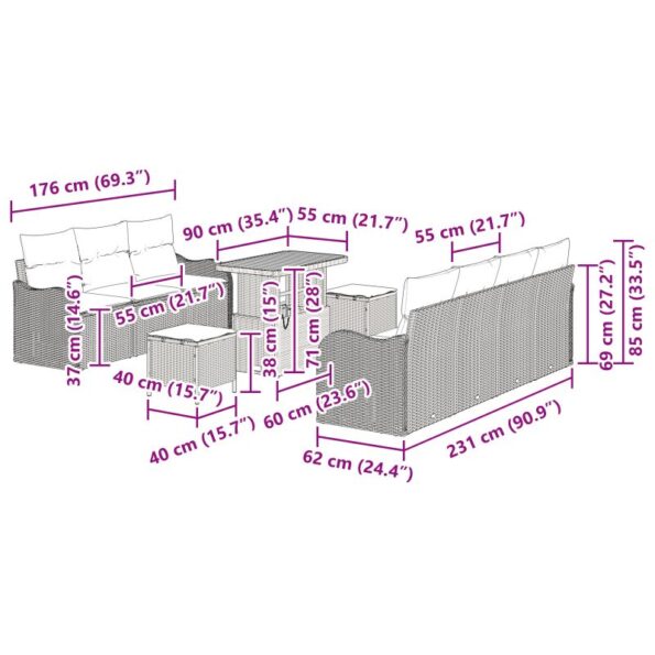 Záhradná súprava pohoviek vidaXL 10 kusov s vankúšmi Béžová Poly ratan Acacia, Záhradná 2-miestna pohovka vidaXL s vankúšmi Béžová Poly ratan, Záhradná jedálenská súprava 3 kusy s vankúšmi Béžová Poly ratan Acacia – Obrázok 12