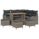 vidaXL 9-dielny záhradný gaučový set s vankúšmi šedý poly ratan akácia – Obrázok 2
