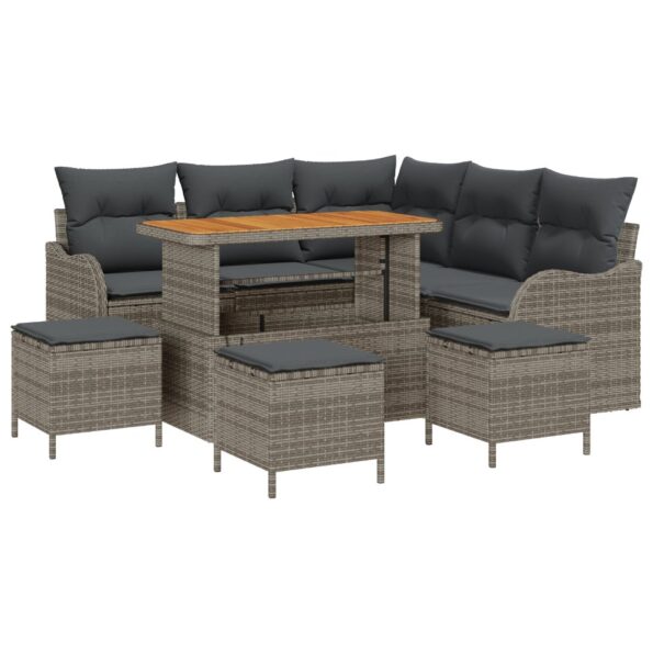 vidaXL 9-dielny záhradný gaučový set s vankúšmi šedý poly ratan akácia – Obrázok 2