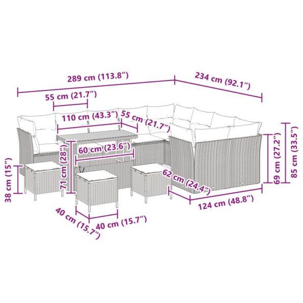 vidaXL 13-dielna Záhradná súprava gauč s vankúšmi Béžová Poly ratan Akácia – Obrázok 12
