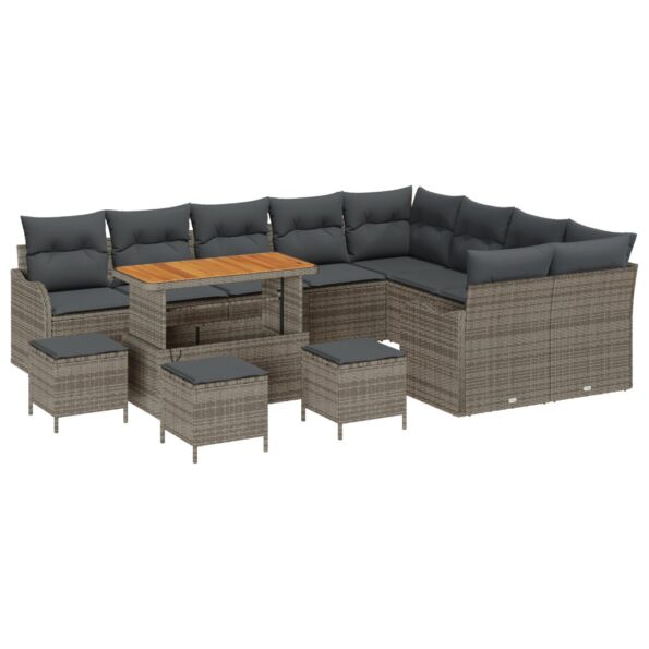 vidaXL 13-dielny záhradný pohovkový set s vankúšmi šedý poly ratan akácia – Obrázok 2