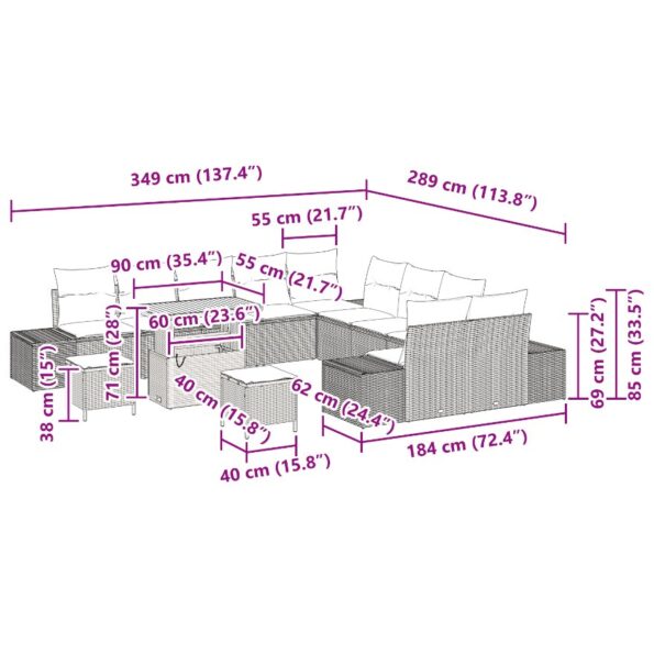 vidaXL 13-dielna záhradná pohovka s vankúšmi Béžová Poly ratan akáciový – Obrázok 12