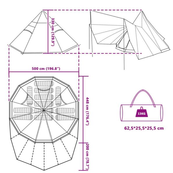 vidaXL Tipi stan so strechou s úložiskom Modrá 510 x 690 x 330 cm taft – Obrázok 11