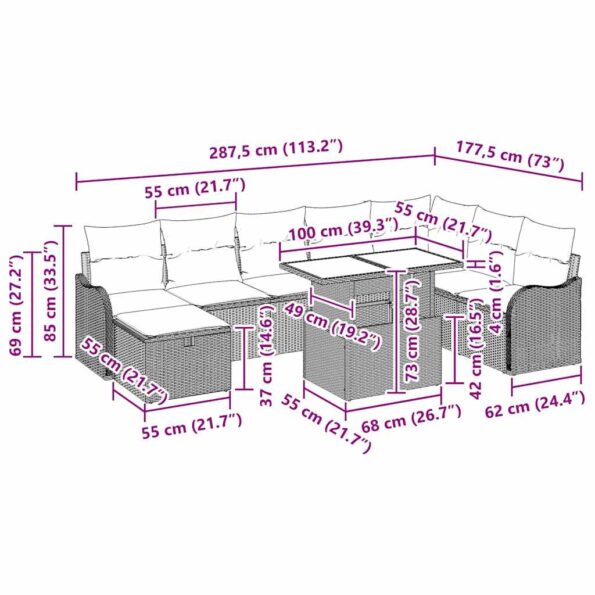 vidaXL 9-dielny záhradný gaučový set s vankúšmi Hnedý poly ratan – Obrázok 13