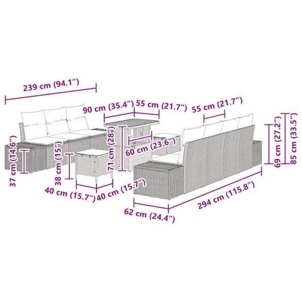 10-dielna súprava záhradných pohoviek s vankúšmi Čierna Polyratan Akát – Obrázok 9