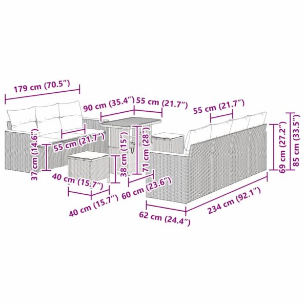 vidaXL 10-dielna súprava záhradného gauča s vankúšmi béžová poly ratan akácia – Obrázok 12