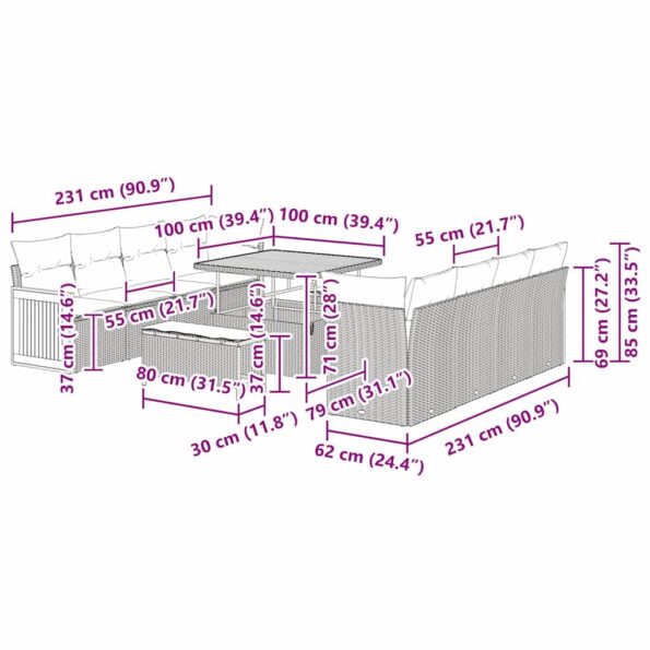 vidaXL súprava záhradného gauča s vankúšmi béžový poly ratan akácia – Obrázok 10