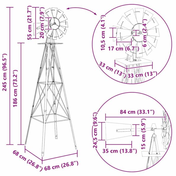 vidaXL Veterný mlyn sivý 84x68x245 cm Železo – Obrázok 9