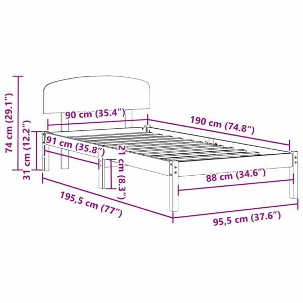 vidaXL Rám postele Prírodná 90 x 190 cm Masívne borovicové drevo – Obrázok 10