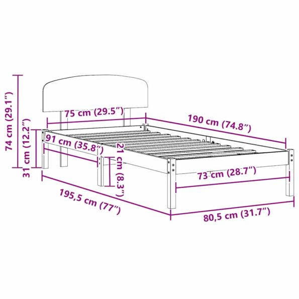 vidaXL Rám postele s hlavovým čelom 75x190 cm Masívne drevo Borovica – Obrázok 10