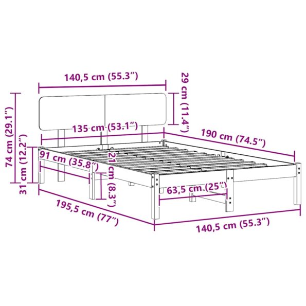 vidaXL Rám postele s čelom Biela 135x190 cm Masívne borovicové drevo – Obrázok 10