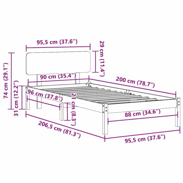 vidaXL Rám postele s čelom 90x200 cm Masívne borovicové drevo – Obrázok 11
