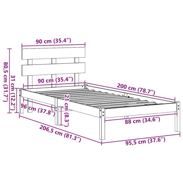 vidaXL Rám postele s čelom biely 90x200 cm z masívu – Obrázok 10