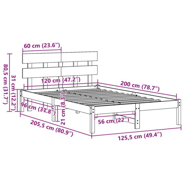 vidaXL Rám postele s čelom 120x200 cm z masívnej borovice – Obrázok 11