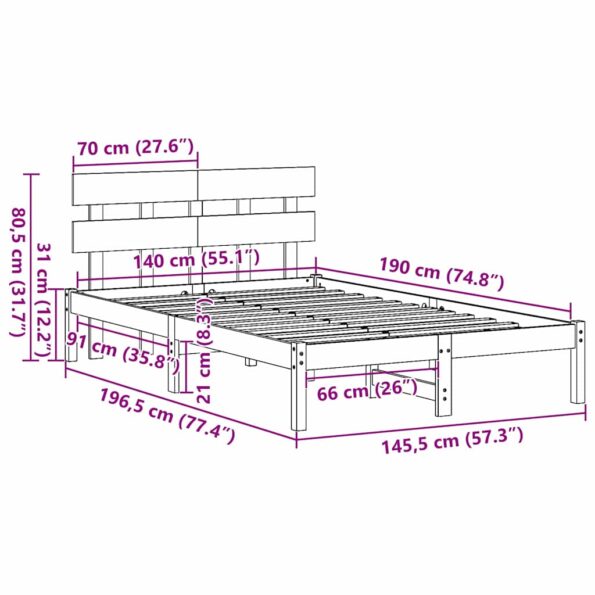 vidaXL Rám postele s čelom Vosková hnedá 140x190 cm Masívna borovica – Obrázok 10