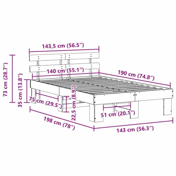 vidaXL Rám postele s čelom biely 140x190 cm z borovicového dreva – Obrázok 10