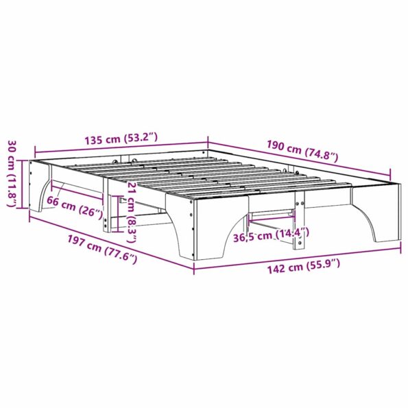 vidaXL Rám postele Biely Masívne drevo, lakovaný povrch 135 x 190 cm – Obrázok 10