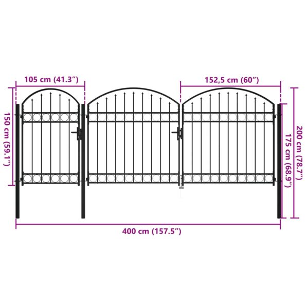 vidaXL Záhradná brána Čierna 200 x 400 cm Oceľ – Obrázok 5