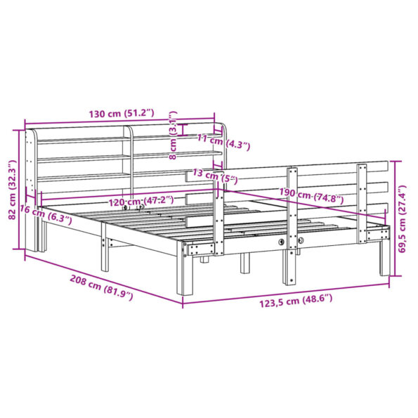 vidaXL Posteľný rám s čelom 120x190 cm borovicový masív – Obrázok 11