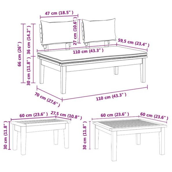 vidaXL Súprava záhradných lavičiek s vankúšom 3 pcs Hnedá a smotanová – Obrázok 9